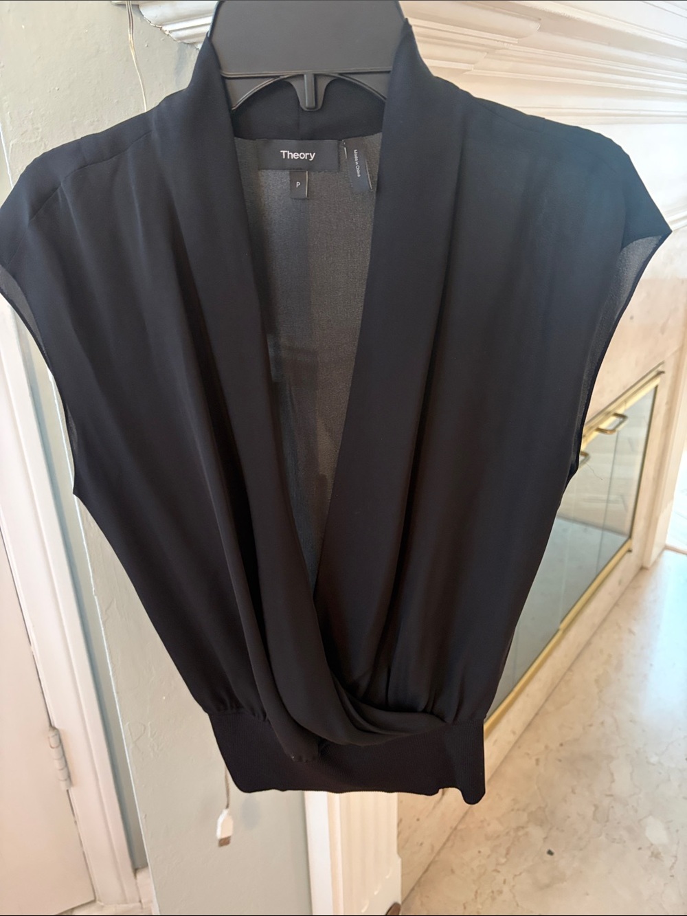 Theory Black Draped Silk Combo Blouse